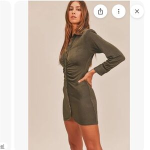 MARBLE Dark Olive Long Sleeve slinky front ruched Dress mini shirt dress NWT S